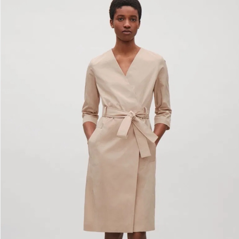 COS Trench Wrap Cotton Midi Dress in Tan Sz 6